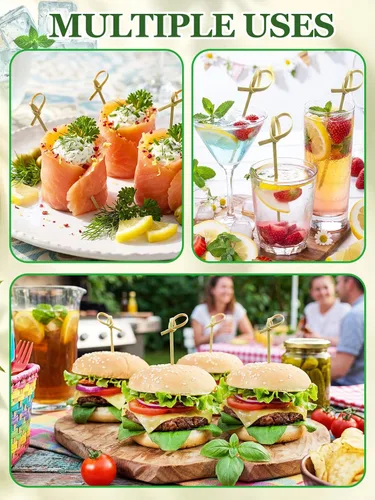 Vista 7 de 500 piezas de pinchos de bambú 4.8 '' palillos de dientes biodegradables naturales para aperitivo Looped Knot Cocktail Picks for Wedding Holiday