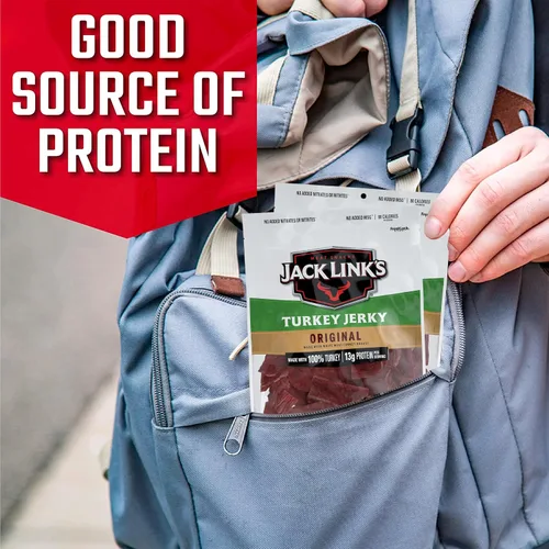 Vista 3 de Jack Link's Cecina de pavo, original, bolsa de carne seca – Bocadillo sabroso, bocadillos de proteína listos para comer con 0.46 oz de proteína por