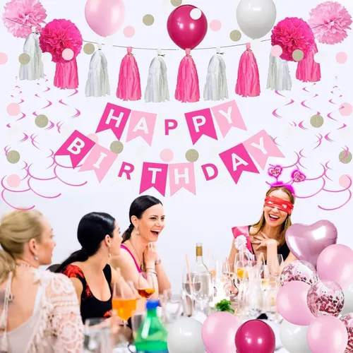Vista 6 de Decoraciones de cumpleaños número 41 para mujer, globos rosas y blancos, suministros de fiesta que incluyen pancarta de feliz cumpleaños, globos