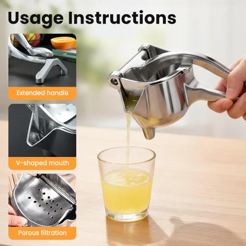 Vista 3 de Exprimidor manual de frutas resistente, exprimidor de jugo de fruta fresca de aleación de aluminio 2026, extractor de jugo desmontable con tazón