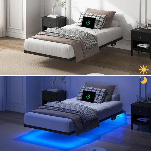 Vista 6 de YORMDMO Base de cama flotante tamaño individual, marco de cama resistente con luces LED inteligentes y estación de carga, cama moderna de plataforma
