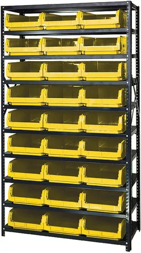 Vista 300 de Quantum QSBU-245BK Heavy Duty Shelving Unit with (7) Shelves and (24) QUS245 Black Bins for Garage Warehouse Storage Distribution 400 lb Load