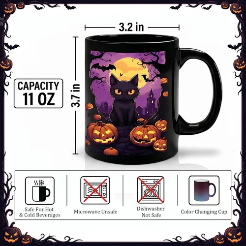Vista 5 de Caliamary Halloween Color Changing Mug – 11oz Heat Sensitive Coffee Cup with Black Cat & Pumpkin, Novelty Ceramic Mug, Fun Gift for Friends, Women