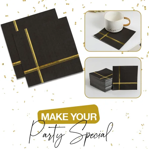 Vista 6 de Servilletas negras y doradas – Juego de 100 servilletas desechables de cóctel y postre de 5 x 5 pulgadas con borde dorado, perfectas para bodas