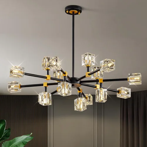 Vista 15 de Candelabro de Cristal Negro, Lámparas de Araña Sputnik con 12 Luces, Lámpara de Techo Moderna Ajustable en Altura Semiempotrada para Comedor, Isla
