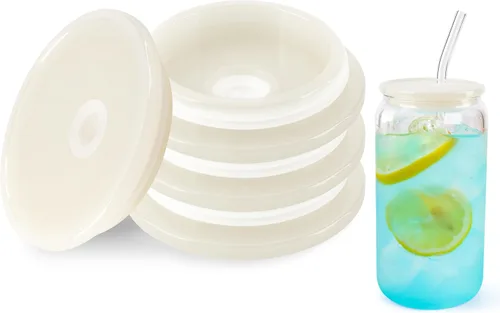 Vista 11 de Joyclub Paquete de 4 tapas acrílicas para vasos de vidrio de 16 onzas con tapas de bambú y pajitas, vasos reutilizables para café helado, vasos