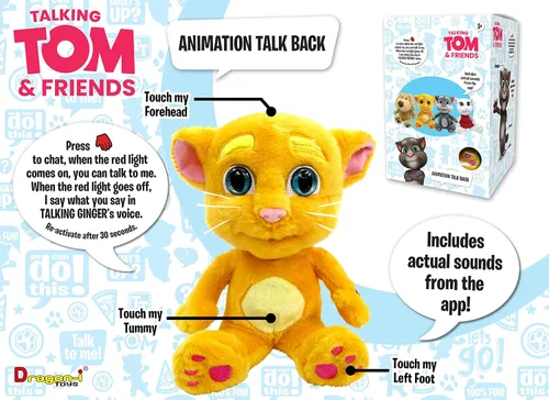 Vista 3 de Peluche oficial de Relsy Talking Tom & Friends de jengibre de 30 cm con función de respuesta interactiva y sonidos de la aplicación un juguete