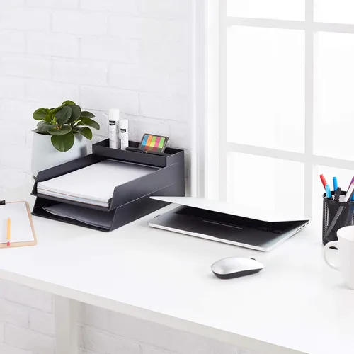 Vista 5 de Amazon Basics Organizador de escritorio rectangular de plástico, bandeja de accesorios de media altura, 9.4" x 3.3" x 1", negro