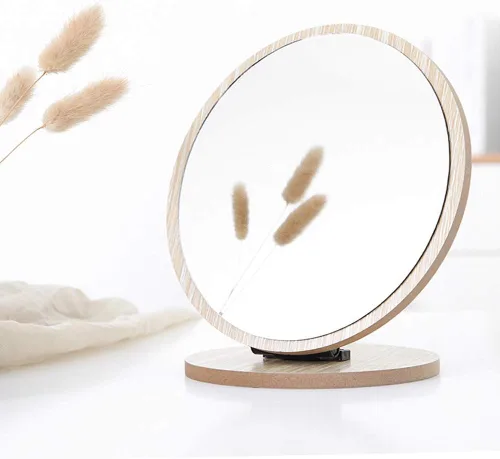 Vista 3 de Aestivate Espejo de mesa compacto redondo - Marco de madera de pie, rotación de 90 grados para maquillaje y cosmética