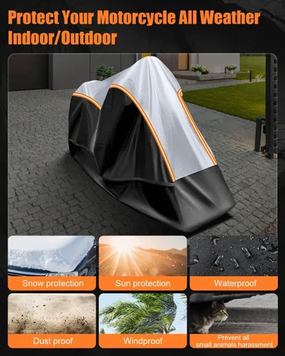 Vista 3 de Funda para motocicleta totalmente cerrada, impermeable, para almacenamiento en interiores y exteriores, resistente con tiras reflectantes, se adapta