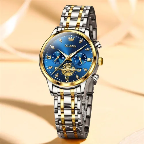 Vista 2 de OLEVS Reloj multifuncional de dos tonos para mujer, reloj analógico de cuarzo para mujer, de acero inoxidable, resistente al agua, con diamantes