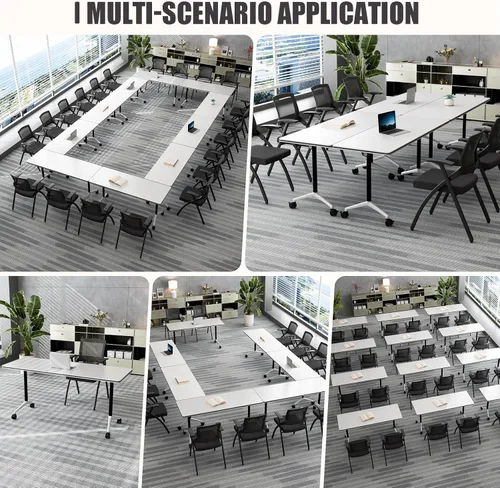 Vista 4 de Mesa de conferencias plegable, mesa modular moderna para sala de conferencias con ruedas para 8-16 personas, mesas de entrenamiento plegables