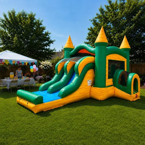 Vista 12 de Casa inflable comercial con tobogán, mármol verde