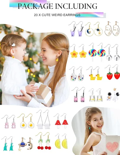 Vista 6 de 20 pares de aretes divertidos y peculiares para mujeres y niñas incluyendo oso de gomitas y de caramelo peces de té de leche pintura de dibujos