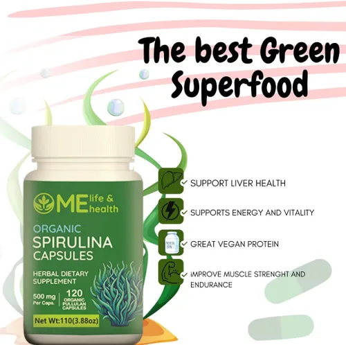 Vista 4 de ME LIFE & HEALTH Cápsulas SPIRULINA, ricas en proteínas, antioxidantes y vitaminas, polvo de espirulina 100% orgánica, apoya la salud inmunológica