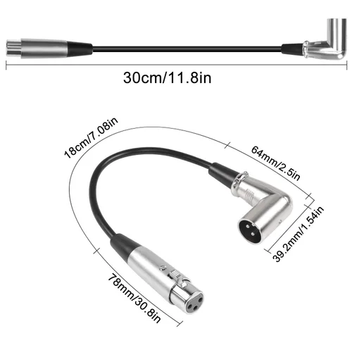 Vista 6 de QIANRENON Cable corto de micrófono XLR de 90 ángulos – Cable de extensión de audio equilibrado macho a hembra de 3 pines XLR de ángulo recto