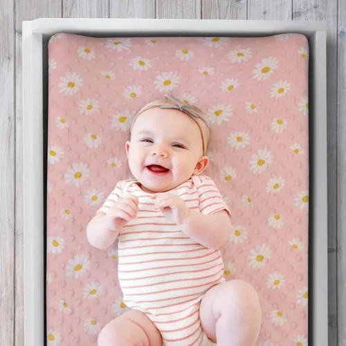 Vista 2 de The Peanutshell Fundas para cambiador de bebé para niña, sábanas de cambiador Minky para niñas, decoración floral rosa, margarita de girasol bohemio