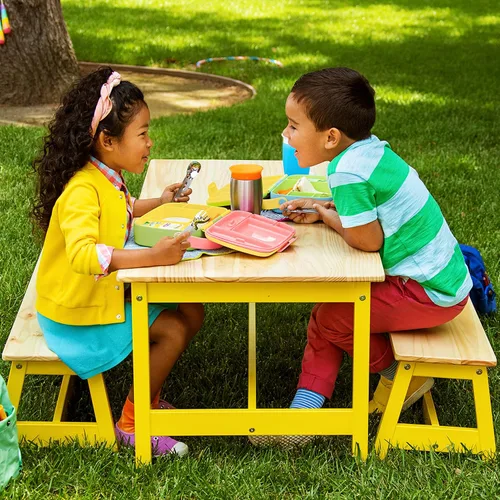 Vista 6 de Munchkin - Lonchera Bento para niños y bebés, incluye utensilios de acero inoxidable, sin BPA, para 18 meses en adelante, Azul/Verde/Amarillo