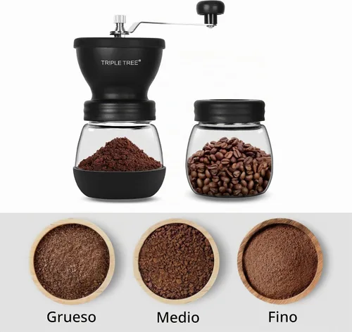 Vista 3 de Molinillo de café manual con rebabas de cerámica y mango de acero inoxidable alargado, molinillo de café de mano con 2 frascos de vidrio