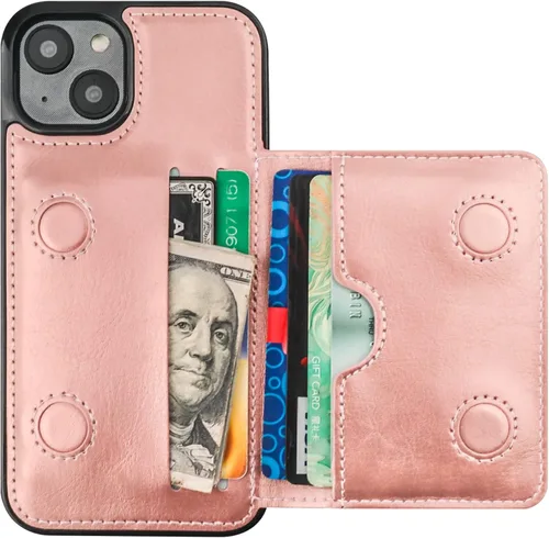 Vista 9 de KIHUWEY Funda compatible con iPhone 14, tarjetero de cuero de primera calidad, cierre magnético oculto, duradero, a prueba de golpes, para iPhone 14