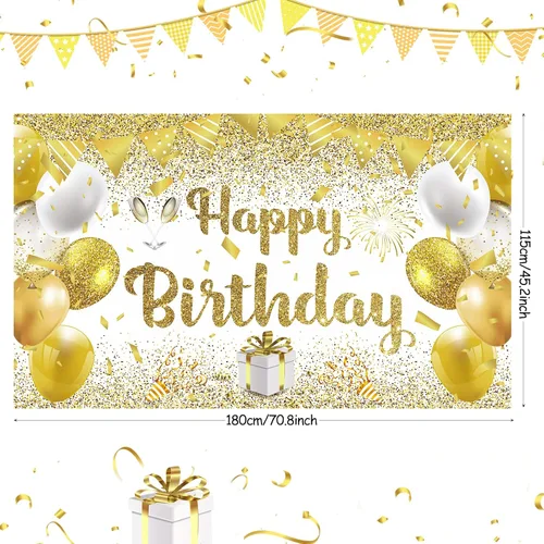Vista 4 de Decoraciones de fiesta de feliz cumpleaños dorado y blanco, pancarta grande para mujeres, hombres y niñas, 70.8 x 43.3 pulgadas