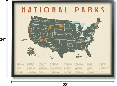 Vista 10 de Stupell Industries Mapa de aventuras de parques nacionales de Estados Unidos verde y naranja, diseñado por Daphne Polselli - Arte de pared enmarcado