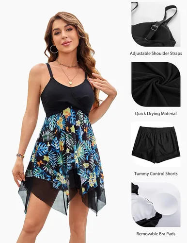 Vista 5 de Kate Kasin Trajes de baño de dos piezas para mujer, con control de abdomen, de malla, con pantalones cortos