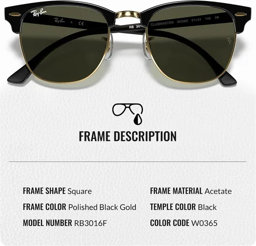 Vista 3 de Ray-Ban RB3016F CLUBMASTER Square Shaped Sunglasses for Men & Women with Official RAYBAN Eyewear Kit