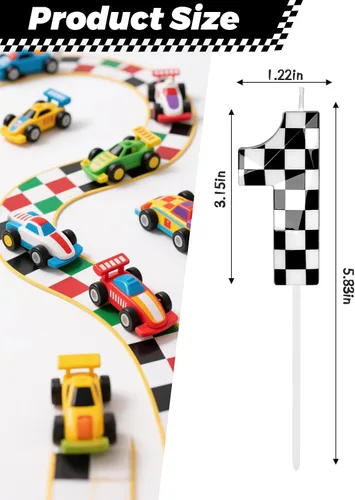 Vista 3 de Velas de cumpleaños de autos de carreras número 1, velas de cumpleaños a cuadros negros y blancos de 2.68 pulgadas, velas con números con temática