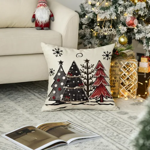 Vista 5 de AVOIN colorlife Funda de cojín decorativo de árboles de Navidad a cuadros búfalo rojos y negros acuarela, 16 x 16 pulgadas, funda de cojín