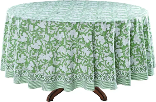 Vista 49 de Mantel redondo con estampado de bloque a mano, 100% algodón, reutilizable, turquesa, verde musgo, 90 pulgadas, mantel decorativo para uso diario