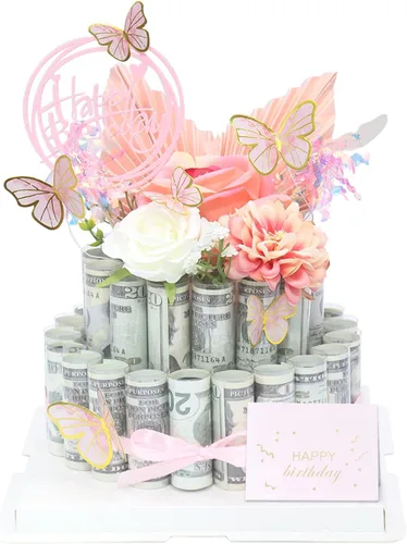 Vista 8 de Caja de regalo en efectivo, caja de regalo feliz, pastel de flores, regalo sorpresa para el día de San Valentín (rosa de tres niveles)