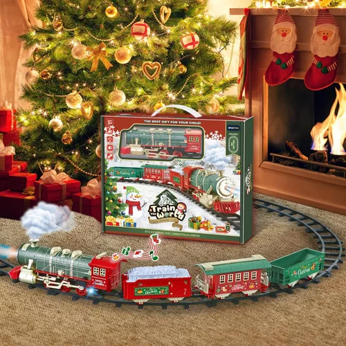 Vista 2 de Juego de tren eléctrico para niños de 4 a 8 años con vapor real, luces y sonidos, juego completo de tren de juguete con autos y pistas, fácil