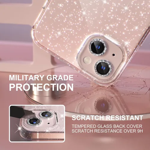 Vista 11 de Choiche Compatible con iPhone 13, funda para mujer con purpurina brillante, 2 protectores de lente de cámara con diamantes, funda protectora a