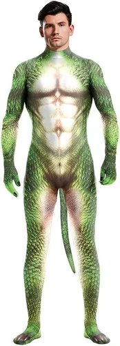 Vista 25 de Disfraz de animal para hombre con estampado de cola grande, overol peludo de elastano para cosplay, fiesta de Halloween