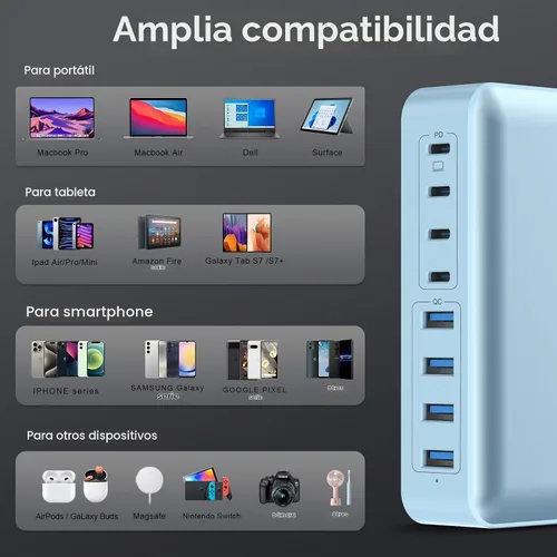 Vista 5 de Estaciones de carga múltiple de 8 puertos de 200 W con enchufe plano, cable de alimentación trenzado e interruptor de encendido/apagado
