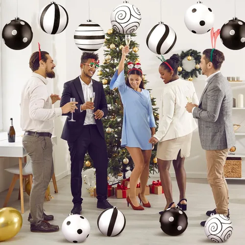 Vista 6 de Meooeck 6 unidades de decoración de fiesta en negro y blanco, adornos de brillo de 15 cm en negro y blanco, adornos de graduación 2025, decoración