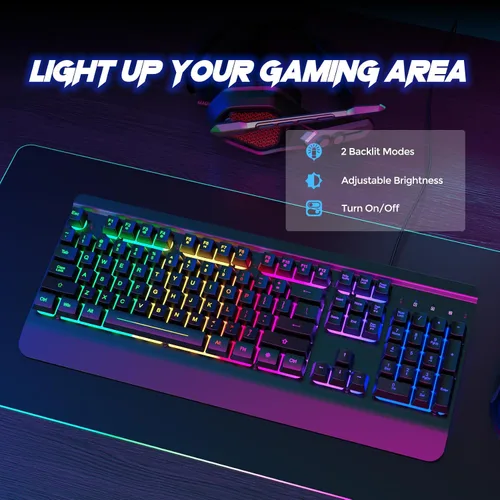 Vista 2 de RisoPhy Teclado para juegos, panel de metal de 104 teclas, teclado silencioso retroiluminado LED arco iris, reposamuñecas, teclas multimedia