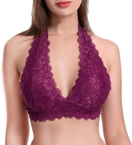 Vista 8 de Brasier de encaje floral con cierre de gancho en la parte trasera, sin relleno, sin alambre, brasier de encaje Negro