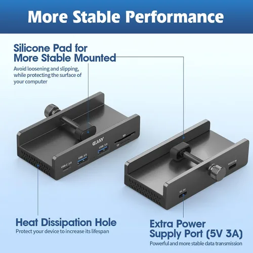 Vista 7 de EJAY Abrazadera USB Hub soporte de escritorio, 5 en 1 de aluminio montable USB C Hub con lector de tarjetas SD/TF, 59 pulgadas de largo cable debajo