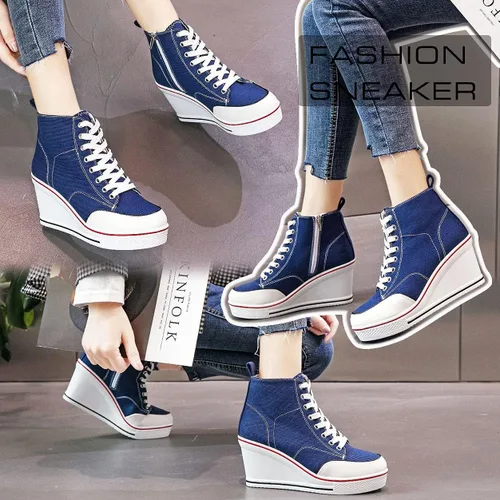 Vista 5 de Mei MACLEOD Tenis de tacón alto para mujer, zapatos de tacón de cuña con cremallera lateral, zapatos de lona casuales con cordones para estudiantes
