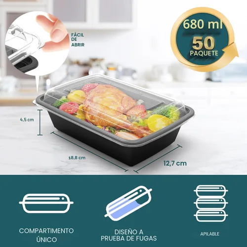 Vista 2 de WGCC Recipientes para preparación de comidas, paquete de 50 recipientes de almacenamiento de alimentos extragruesos con tapas, lonchera Bento