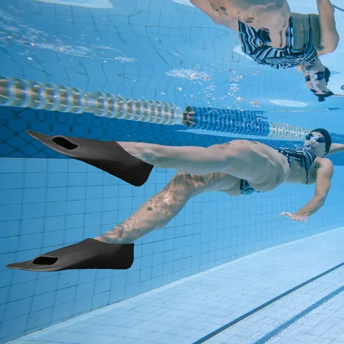 Vista 8 de Aletas de natación, aletas de entrenamiento de natación Happyouth, aletas cortas de silicona con bolsa de malla para natación de vueltas, niños