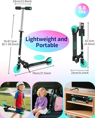 Vista 5 de BELEEV V1 Patinetas para niños, patineta plegable de 2 ruedas para niños y niñas, 3 alturas ajustables, ruedas iluminadas, patineta ligera