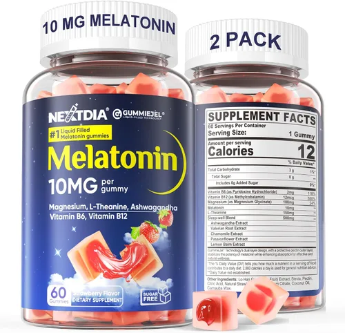 Vista 8 de Nextdia Gomitas de melatonina sin azúcar, 10 mg 20 mg de glicinato de magnesio y melatonina para adultos, Ashwagandha, L-teanina, B6, B12, bálsamo