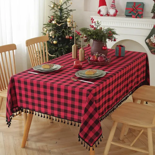 Vista 12 de JIALE - Mantel cuadrado de lino de algodón de cuadros Gingham con borlas, lavable, sin arrugas, mantel a cuadros de búfalo para fiesta al aire Beige