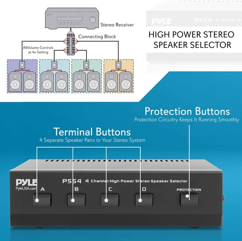Vista 2 de Pyle Interruptor selector de altavoces de 4 zonas, concentrador de distribución premium con interruptores A/B/C/D para instalaciones de amplificador