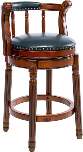 Vista 10 de RAINMOOD Juego de 2 taburetes de bar, taburete tapizado de cuero de grano completo, silla de bar negra con respaldo, patas de madera maciza