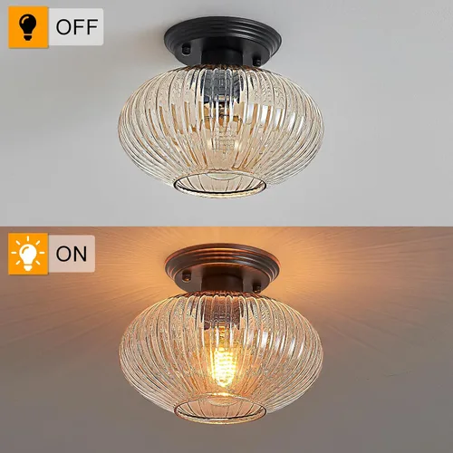 Vista 3 de Lámpara de techo semiempotrada, luces de techo vintage negras para cocina, vidrio a rayas ámbar cerca del techo para sala de estar, pasillo