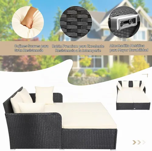 Vista 8 de HAPPYGRILL Sofá cama de ratán para exteriores, juego de sofá cama para patio con cojín y almohadas, pie de aluminio resistente, muebles de mimbre